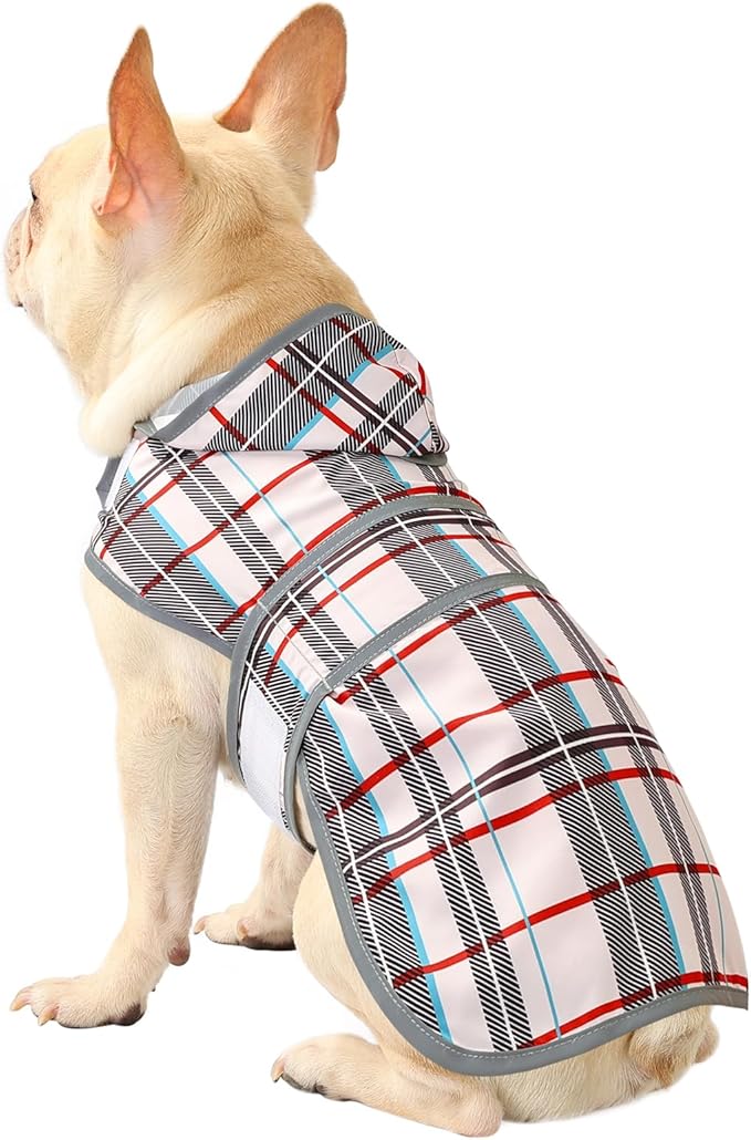 Dog Raincoat for Medium Dogs Waterproof Hooded Rain Jacket with Reflective Strips Leash Hole & Poncho Adjustable Fit (Plaid,M)