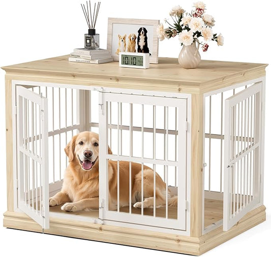 Dog Crate Furniture for Dogs - 42inch Large Dog Crate Sideboard and TV Stand, Solid Wood Chew-Proof and Silent Latches Design for Large and Medium Dogs, Wood Dog Kennel-(White+Natural)