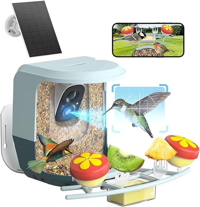 Smart Bird Feeder with Camera Solar Powered - 2K HD Live Video Camera AI Identify Birds, Visible Window Auto Capture& Motion Detection -Instant Arrival Alerts, Birds Lover Gifts