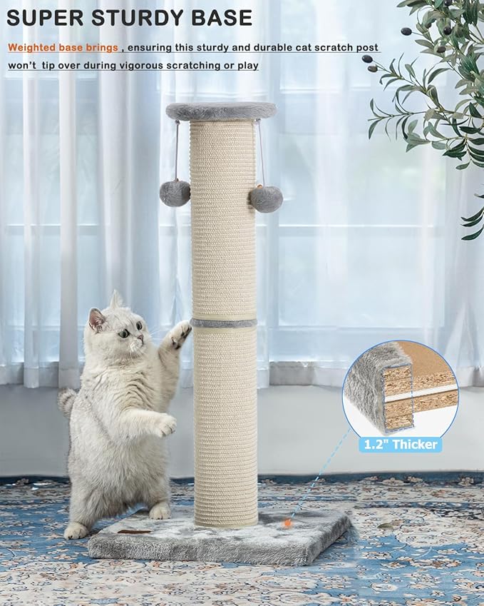 Kilodor Cat Scratching Post 34 Inches Large Sturdy Cat Post with Replaceable Sisal Scratcher and Hanging Ball Scratching Post for Indoor Cats Adult Grey