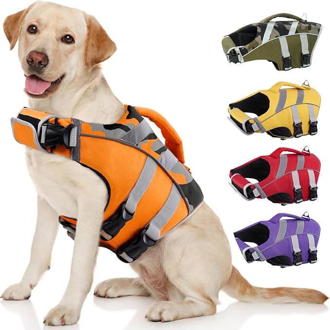 Kuoser Dog Life Jacket, High Visibility Ripstop, Adjustable for Medium Dogs, OrangeCamo