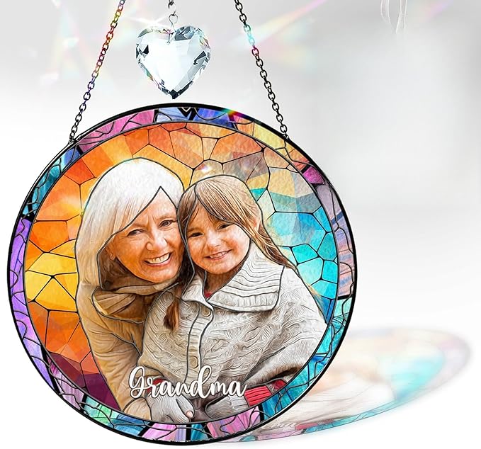 Personalized Grandma Stained Glass Suncatcher, Photo Family Faux Stained Glass Window Hanging Ornament, Custom Grandparent Day 2025 Gifts for Grandma, Birthday Gift for Dad, Grandpa