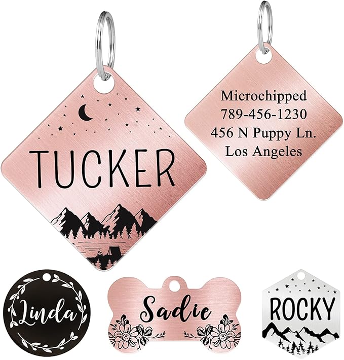 Ultra Joys Stainless Steel Pet ID Tag Dog Name Tags Personalized Front and Back Engraving, Customized Dog Tags and Cat Tag, Optional Engraved on Both Sides, Diamond Mountain Rose Gold Large