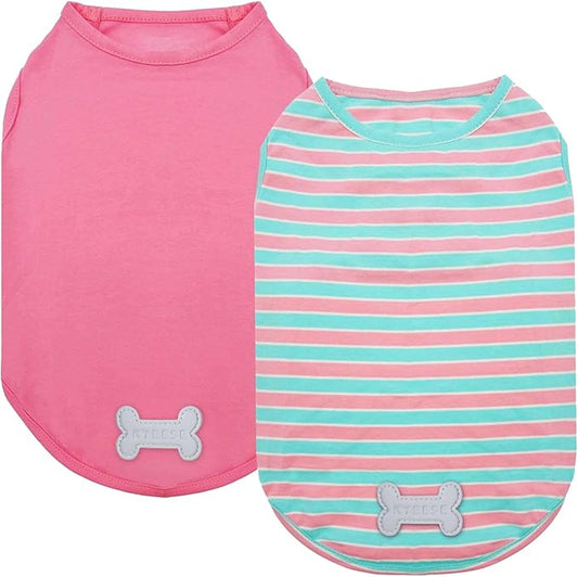 KYEESE 2Pack Dog Shirts Striped T Shirt Soft Tee for Small Dogs Cotton Tank Top Lightweight Sleeveless Vest Dog Clothes, Small,Pink+Striped