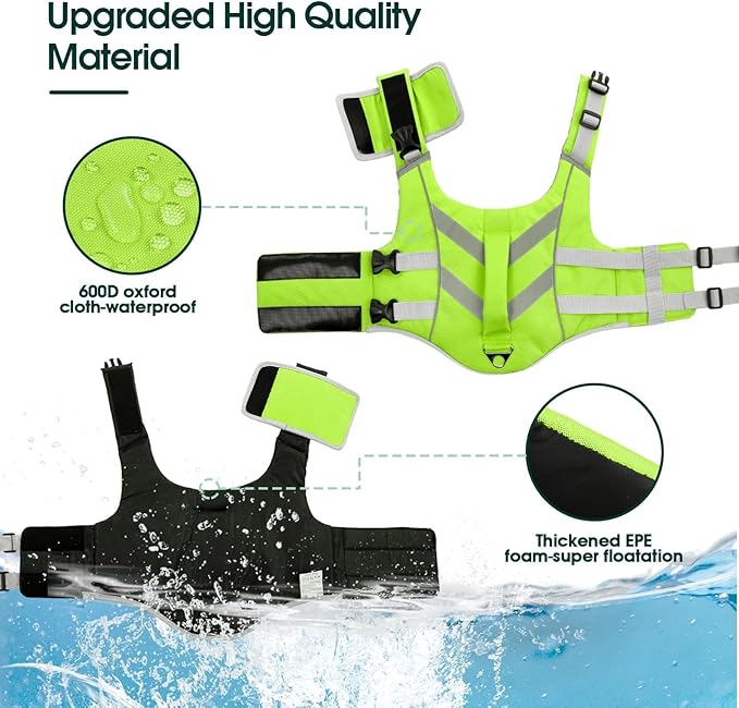 Kuoser Medium Dog Swim Vests - Reflective Life Jackets for Beach & Boating, Green