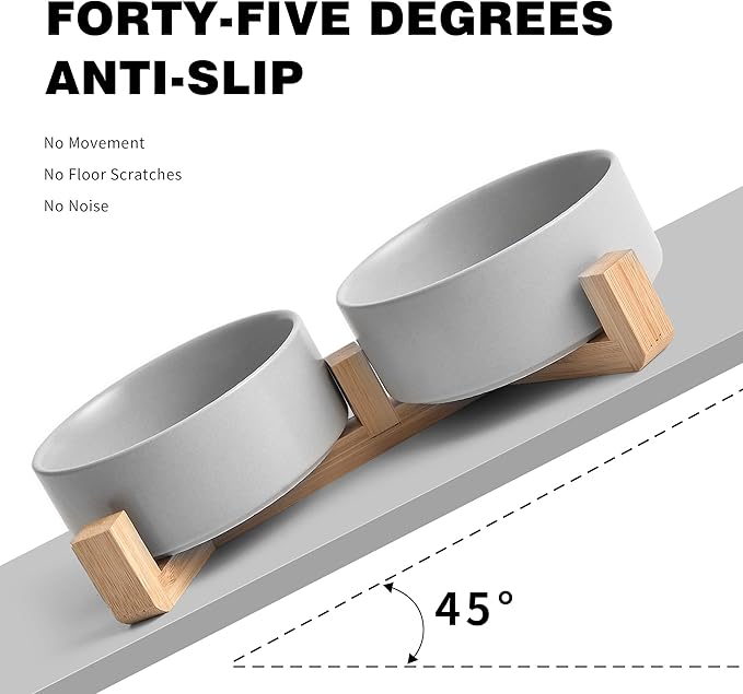 Grey Ceramic Dog & Cat Bowl Set – 13.5 OZ with Wooden Stand, Non-Slip, Elevated Design for Small Dogs & Cats – 2 Bowls (Food & Water, Ceramic Pet Bowls, Modern Dog Bowls)