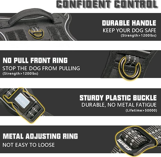 Auroth Tactical Harness for Large Dogs No Pull Adjustable Pet Harness Reflective K9 Working Training Easy Control Pet Vest Military Service Dog Harnesses Black L