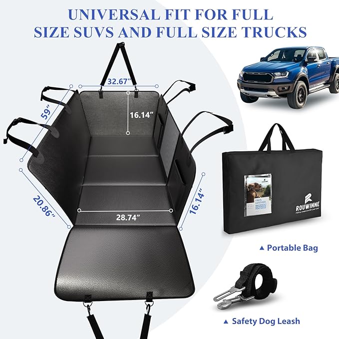 Back Seat Extender for Dogs Truck-Upgraded PU Leather-Dog Pet Seat Cover Back Seat Hard Bottom 500lbs, Anti-Scratch Dog Hammock for Crew Cab Trucks F150, RAM1500, Sierra, Tundra, Silverado