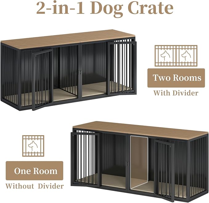 Large Dog Crate Furniture for 2 Dogs, 71.6'' Steel Frame Dog Crate with Double Doors, Heavy Sturdy Kennel for Small Medium Large Dogs, Indoor Double Dog Cage (Black)