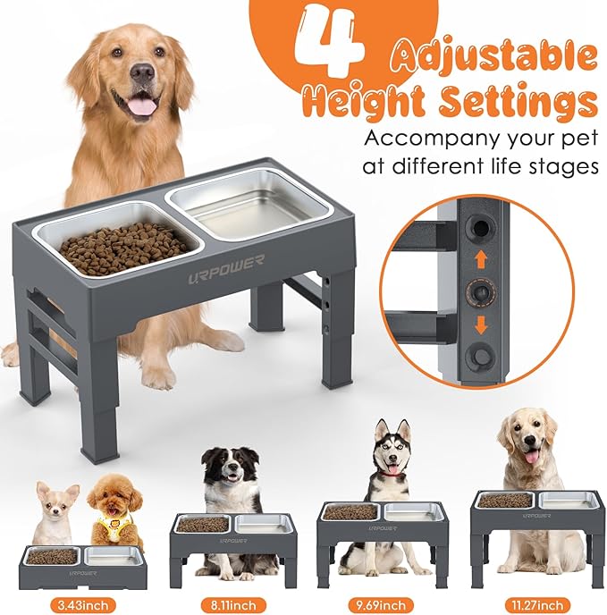 URPOWER Elevated Dog Bowls 4 Height Adjustable Raised Stand with 2 Large Stainless Steel Dog Food and Water Bowl for Small, Medium, Large Dogs and Pets