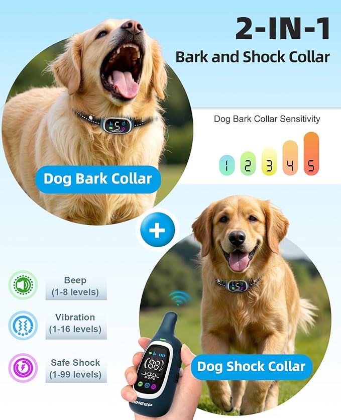 2-in-1 Dog Shock Collar and Bark Collar for Dogs – 3300FT Dog Training Collar with Remote, IP67 Waterproof e Collar with Anti-Bark/Beep/Vibration/Shock Modes for Small Medium Large Dog(8-120Lbs)