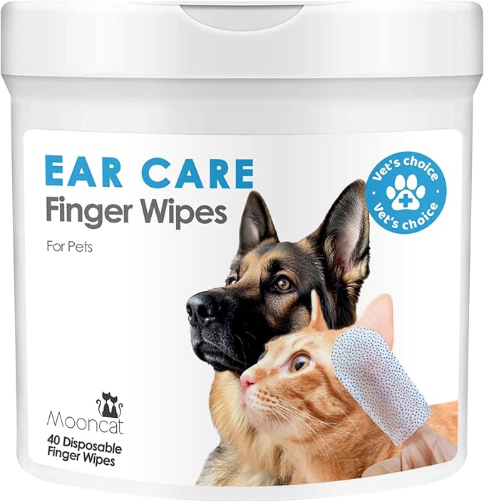 Mooncat Cat & Dog Ear Cleaner Wipes - Gentle Finger Wipes for Ear Infection, Mites, Wax & Odor - Easy & Soothing Itch Relief Cleaning Solution for Sensitive Ears - 40 Finger Wipes