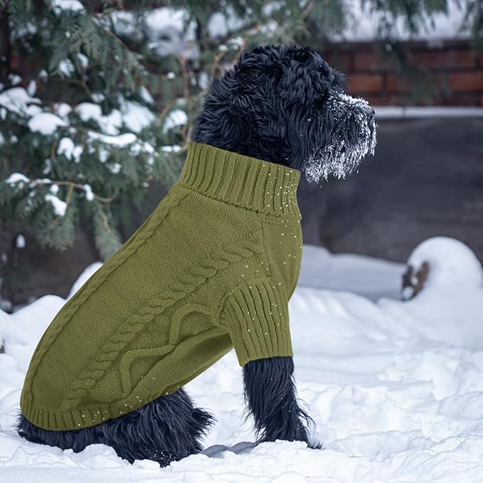 Queenmore Small Dog Pullover Sweater, Cold Weather Cable Knitwear, Classic Turtleneck Thick Warm Clothes for Chihuahua, Bulldog, Dachshund, Pugl,OliveGreen,M