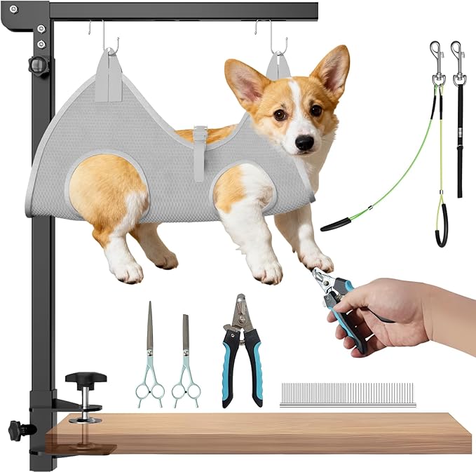 Professional Dog Grooming Table Arm with Hammock, Scissors, Nail Clipper Kit - Adjustable Grooming Arm Restraint System for Small Medium Pets at Home or Salon(Gray)