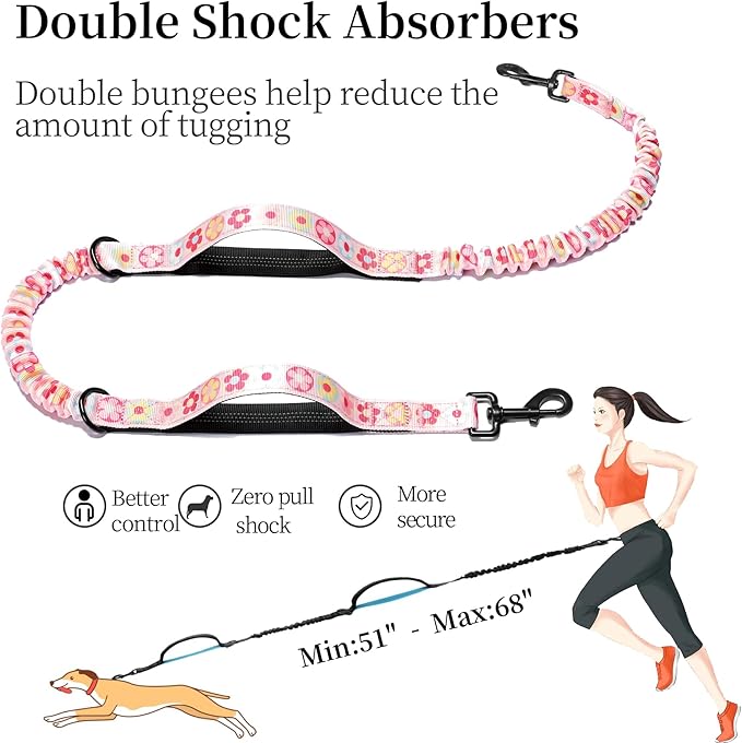 iYoShop Hands Free Dog Leash with Zipper Pouch, Dual Padded Handles and Durable Bungee for Walking, Jogging and Running Your Dog (Colorful Small Flower, Large)