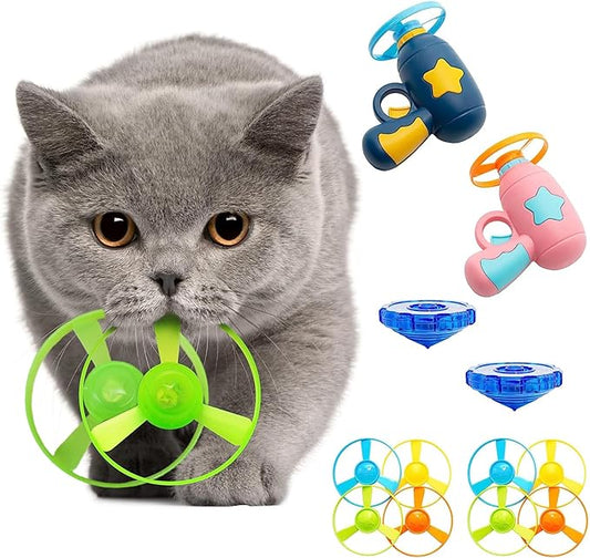 14 Pieces Cat Fetch Toys, Interactive Flying Cat Toy with 2 Light Up Spinning Tops, 10 Flying Propellers, Cat Kitten Tracks Interactive Toy for Training Hunting Chasing