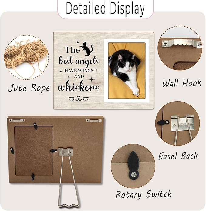 Cat Picture Frame, Cat Memorial Wooden Photo Frame, Pet Remembrance Gift, Sympathy Gift for Pet Owner, Cat Memorial Gifts for Loss of Cat, The Best Angels Have Wings and Whiskers (Beige, 4 x 6 Photo)