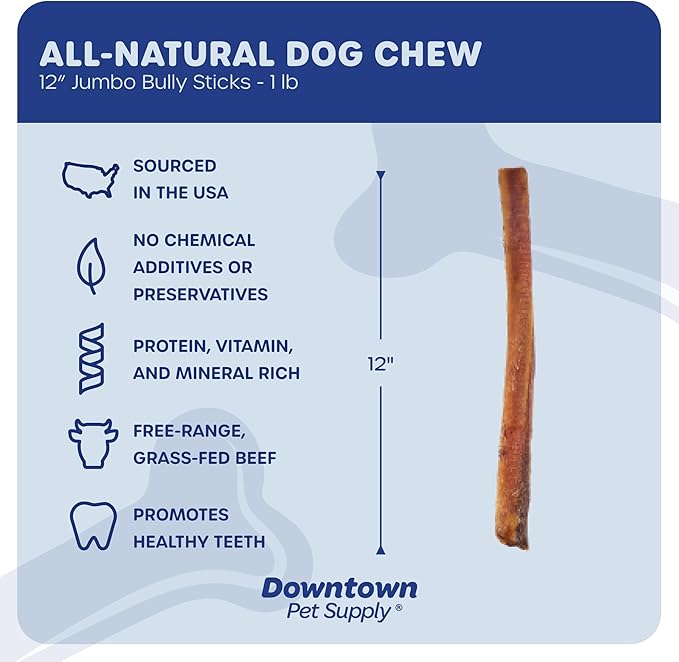 Downtown Pet Supply USA-Made 12", 1 Lb. Jumbo Bully Sticks for Large Dogs - Rawhide Free Dog Chews Long Lasting and Non-Splintering - Single Ingredient, Low Odor Bully Sticks for Medium Dogs