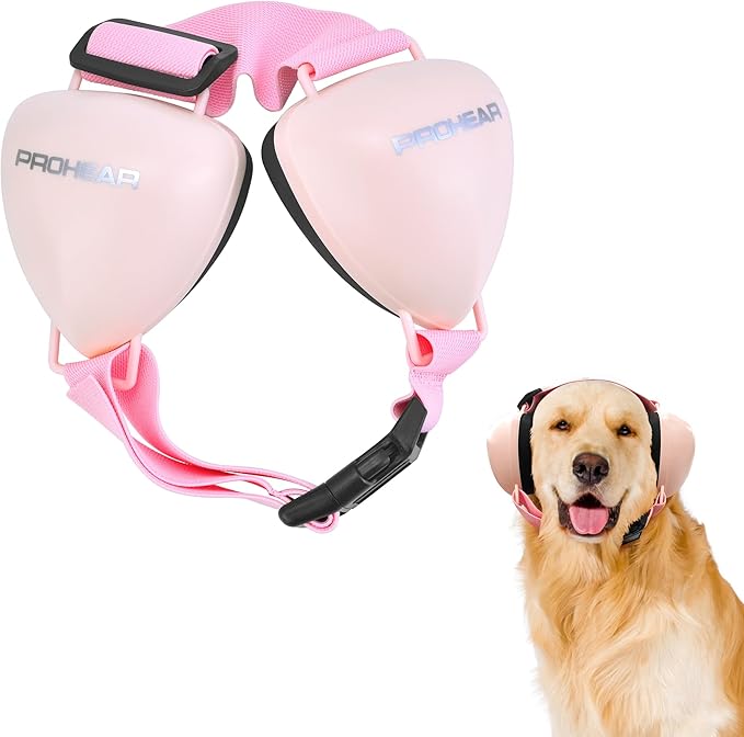 PROHEAR Dog Ear Muffs Hearing Protection for Dogs, NRR 28dB Noise Cancelling Headphones, Easy to Adjust Dog Hearing Protection Earmuffs for Thunder, Hunting, Tourism, Cars, Racing, Medium, Pink