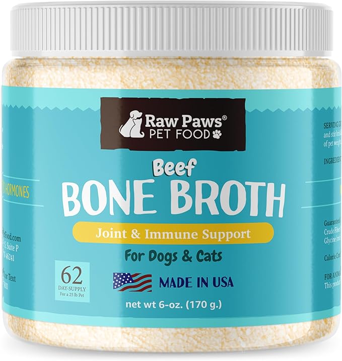 Raw Paws Beef Bone Broth for Dogs & Cats, 6-oz - Made in USA - Food Topper - Bone Broth Protein Powder for Dogs - Gravy Topper for Dry Food - Supports Joint Health