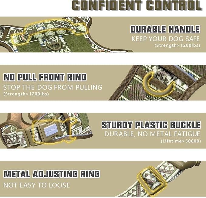 AUROTH Tactical Dog Harness for Large Dogs No Pull Adjustable Pet Harness Reflective K20 Working Training Easy Control Pet Vest Military Service Dog Harnesses