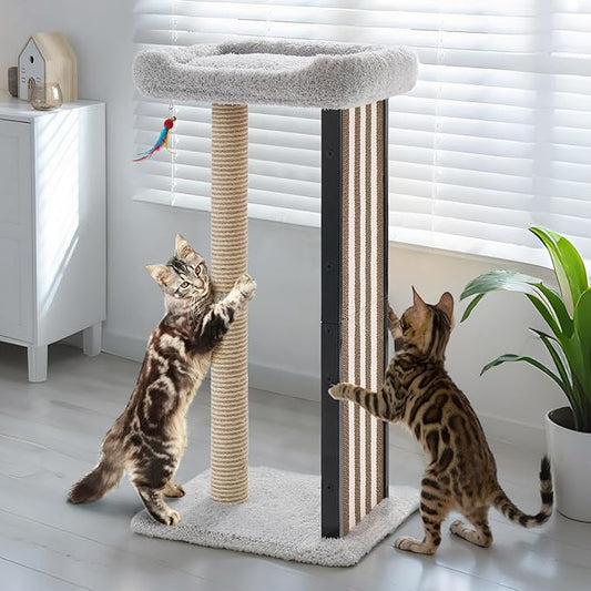 Veehoo 35" Tall Cat Scratching Post for Indoor Cats Adult, Sturdy Cat Scratch Pad with Replaceable Metal Frame Scratching Board, Large Scratch Post with Plush Top Bed