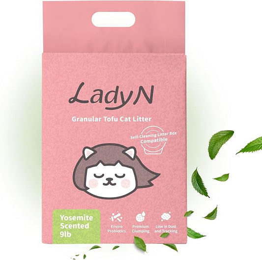 Lady N Granular Tofu Cat Litter Mini-Pellet Compatible with Automatic Self-Cleaning Cat Litter Box, Premium Clumping Ultra Absorbent, Low Tracking, Odor Control 9lb Yosemite Scent