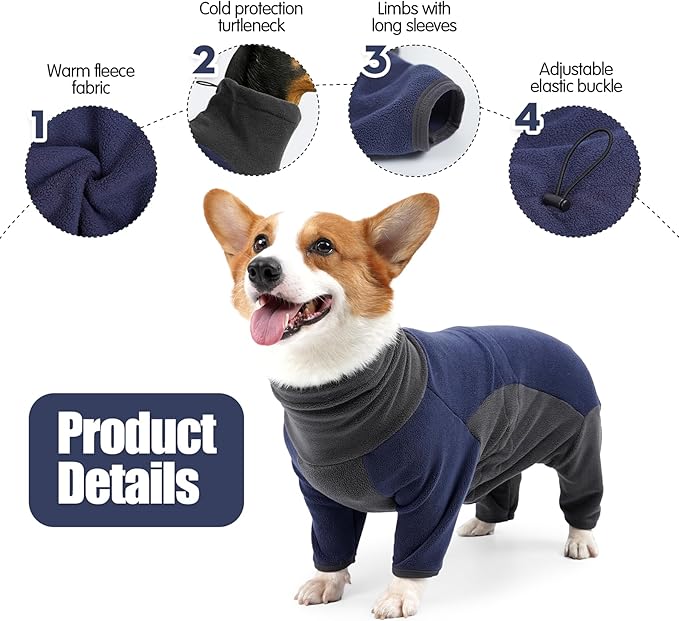 Winter Coat for Dogs - Warm Fleece Jacket, Windproof Pullover Jumpsuit, Fullbody Pajamas Onesie, Cold Weather Clothes for Medium Large Dogs (3XL, Blue)