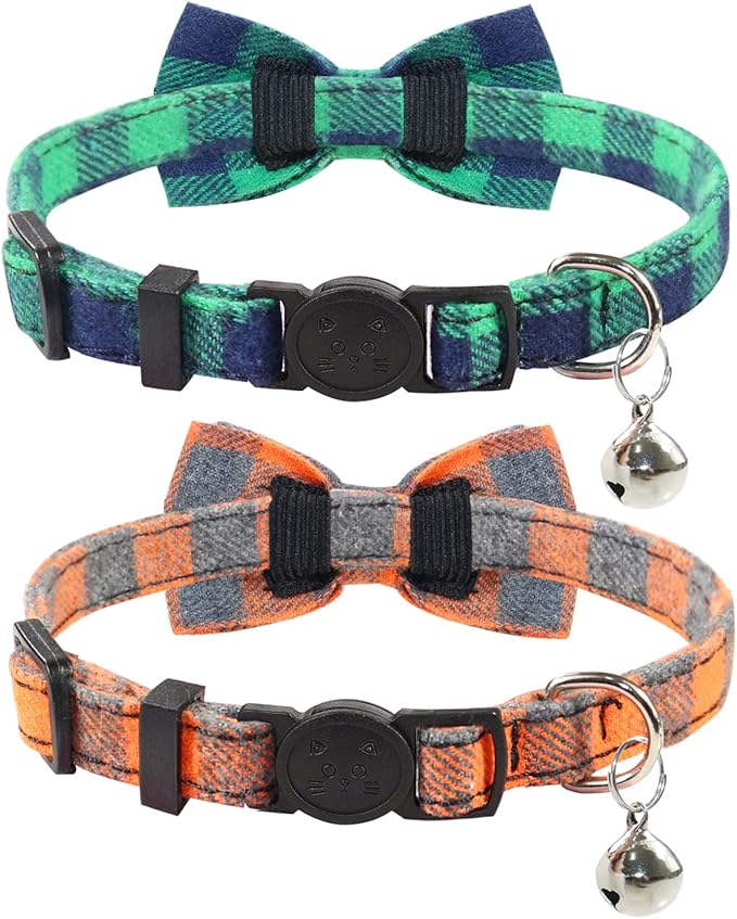 Joytale Upgraded Cat Collar with Bells, Breakaway Cat Collars with Bow Tie, 2 Pack Girl Boy Safety Plaid Kitten Collars, Green+Orange