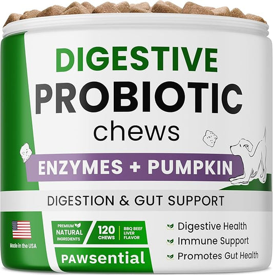 Probiotics for Dogs with Enzyme, Prebiotic, Dog Chews for Digestive Support - Helps with Stool Consistency, Gas, Constipation, Diarrhea - 120 Ct (Pack of 1) BBQ Beef
