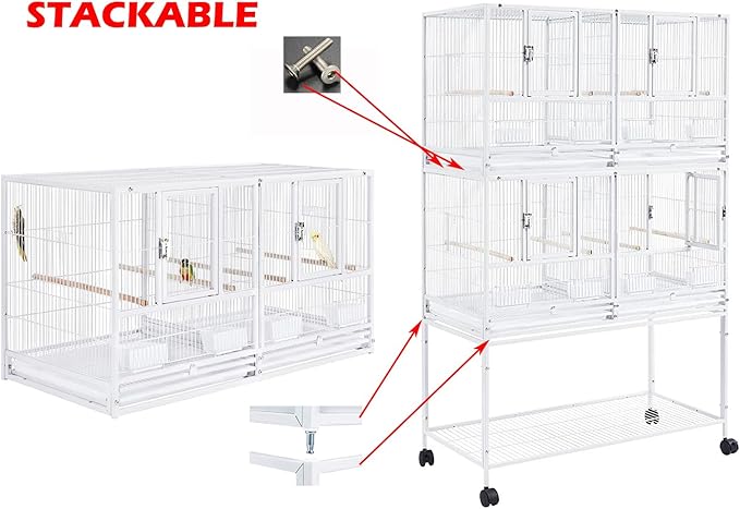 Stackable Center Divided Breeder Breeding Bird Flight Double Rolling Cage for Aviaries Canaries Cockatiels Lovebirds Finches Budgies Small Parrots (White Vein, Double Story)