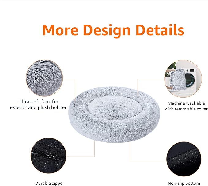 Amazon Basics Donut Pet Bolster Faux Fur Bed for Dog, Grey, 45" x 45"