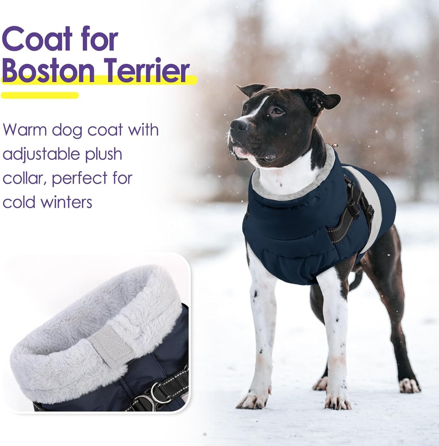 SUNFURA Dog Jacket, Large Dog Coat with Harness Built in, Warm Pet Winter Jacket Zippered Snow Coat with Furry Collar, Waterproof Fleece Snowsuit for French Bulldog, Navy Blue L