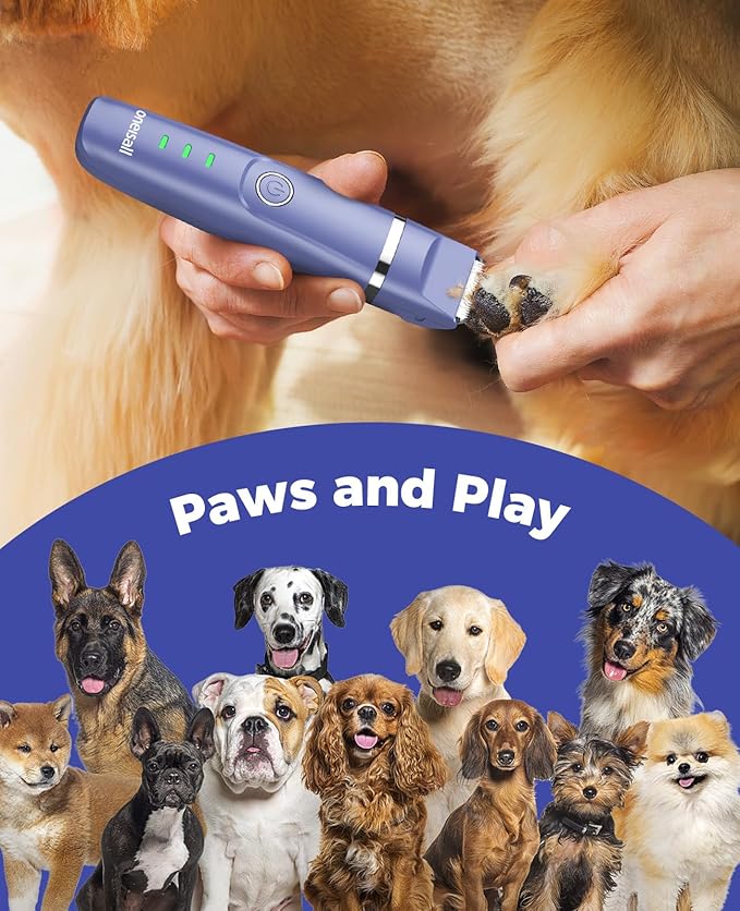 oneisall Dog Clippers & Dog Paw Trimmer 4-in-1 Cordless Grooming Kit: 2-Speed Low Noise Clippers with Rechargeable Quiet Nail Grinder for Dogs & Cats (Blue)