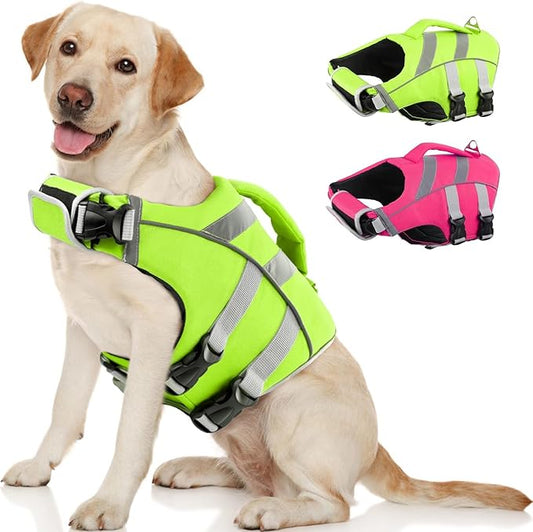 Kuoser Dog Life Jacket XL, Large Vest for Swimming Boating, Reflective Water Vest with High Flotation for Large Dogs, Green
