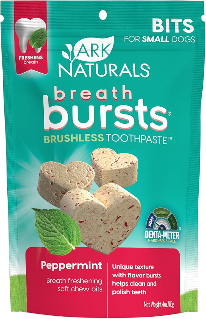 ARK NATURALS Breath Bursts Brushless Toothpaste Dog Treats, Dog Dental Bits for Small Breeds, Unique Texture Helps Clean Teeth & Freshen Breath, Peppermint, 4 oz, 1 Pack