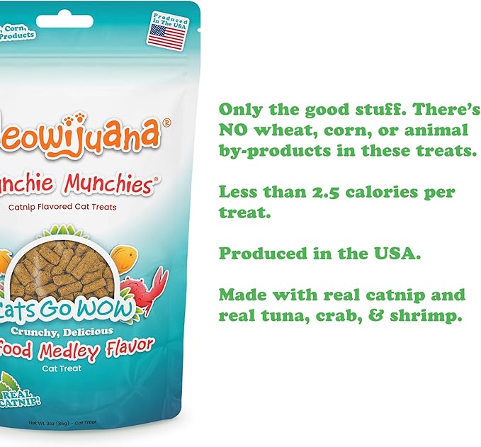 Meowijuana Crunchie Munchie Catnip Treats | Seafood Medley | Made with Organic Catnip | Produced in The USA | Low Calorie Cat Snack