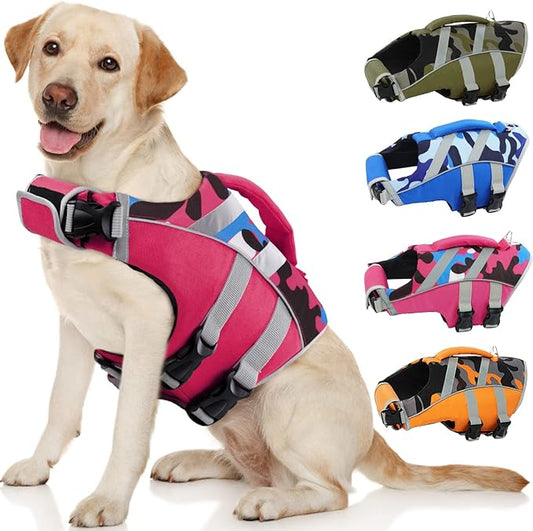 Kuoser Dog Life Jacket with Adjustable High Visibility Stripes - Ripstop Dog Lifesaver Pet Preserver with High Flotation Swimsuit for Small to Large Dogs
