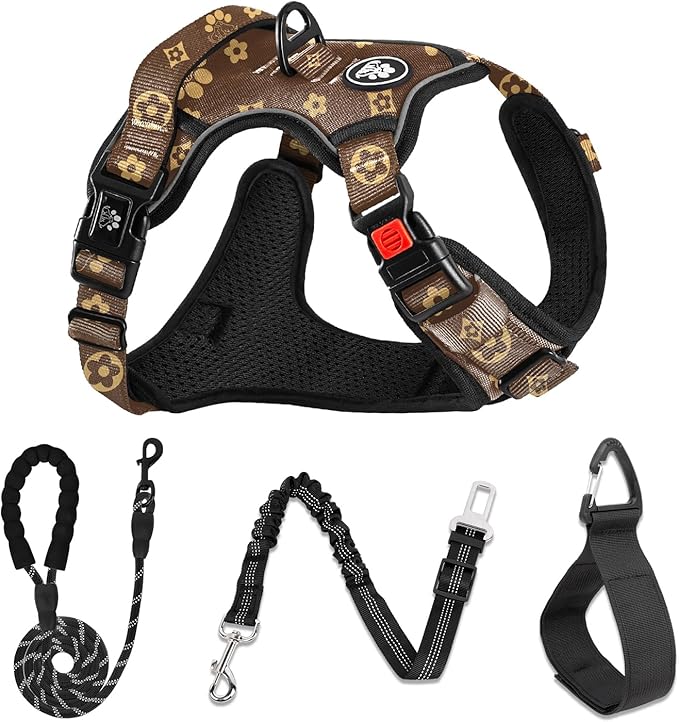 NESTROAD No Pull Dog Harness,Adjustable Oxford Dog Vest Harness with Leash,Reflective No-Choke Pet Harness with Easy Control Soft Handle for Small Dogs(Small,Dark Brown)