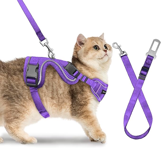 Cat Harness and Leash Set, Soft and Breathable Vest with Reflective Strip, Anti Escape Adjustable Cat Harness, Easy to Wear for Cats Walking and Traveling, Purple, M