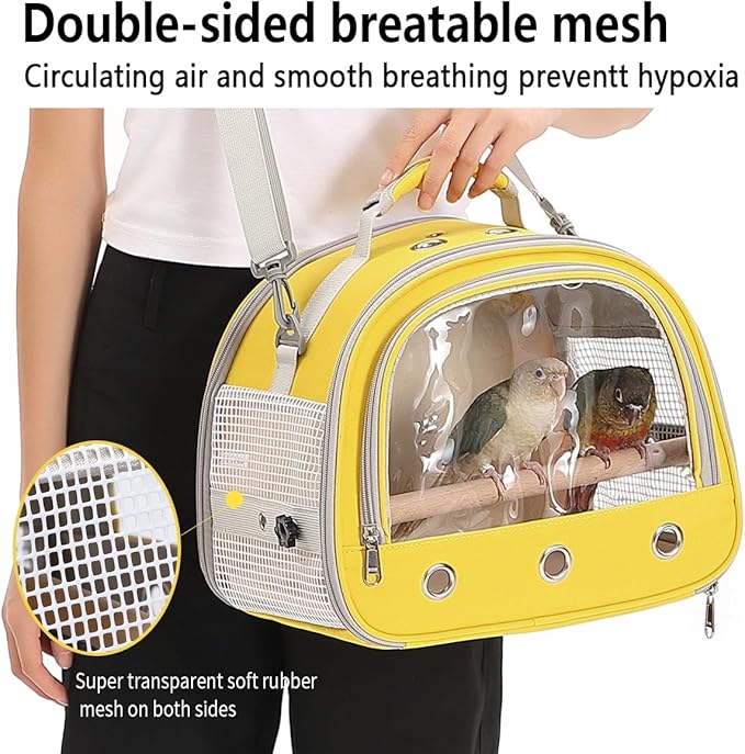 Bird Carrier,Bird Cage Parakeet Parrot Budgie Carrier Backpack for Small Birds, Travel Bird Cages with Perch, Transparent Ventilation Cockatiels, Lightweight Pet Carrier for Outdoor Use(Yellow)