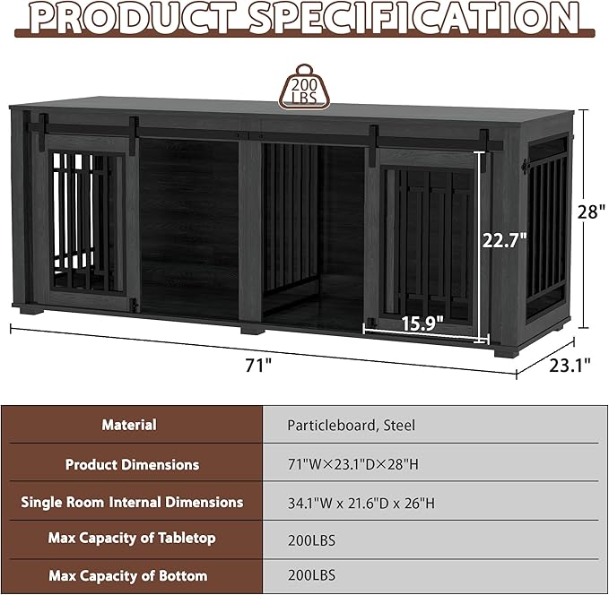 Large Dog Crate Furniture for 2 Dogs, Upgrade 71" Pro XXL Sliding Door Heavy Duty Dog Kennel Furniture with Divider, Steel Frame Indoor Double Dog Crate for Large Medium Small Dogs, Dark Black