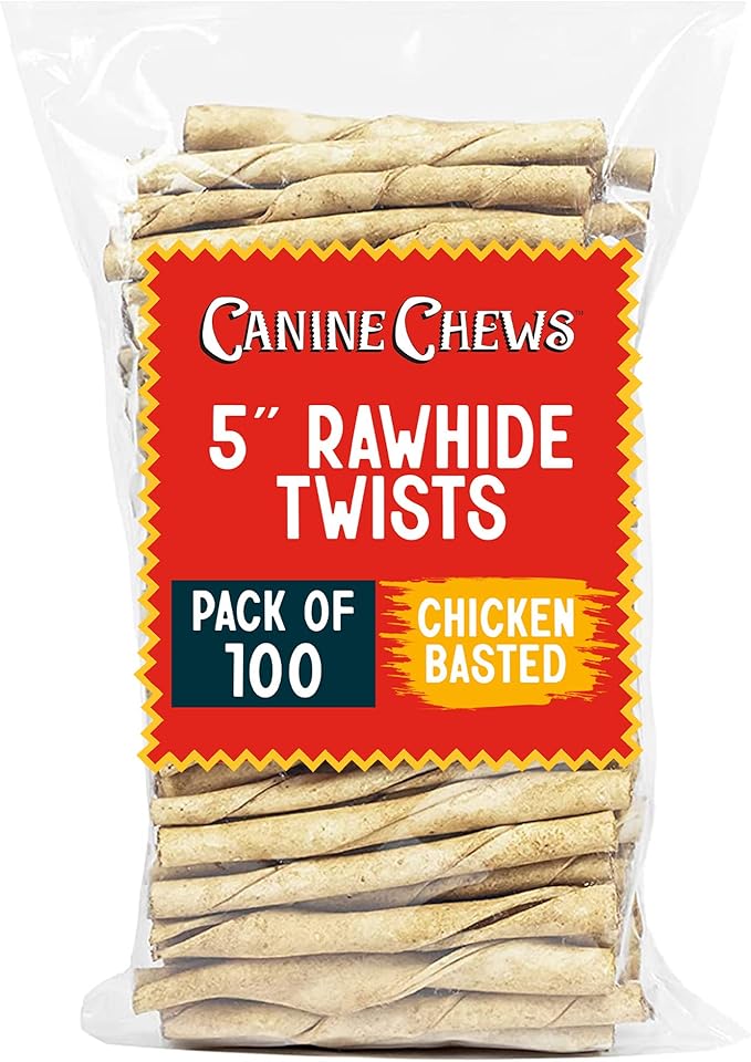 Canine Chews Small Rawhide Twists for Dogs - Pack of 100 5" Chicken Flavored Rawhide Sticks for Small Dogs & Puppies - Protein Dense Chicken Rawhide Twists - Natural Dog Rawhide Sticks