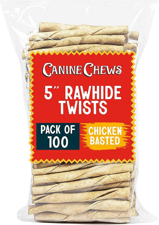 Canine Chews Small Rawhide Twists for Dogs - Pack of 100 5" Chicken Flavored Rawhide Sticks for Small Dogs & Puppies - Protein Dense Chicken Rawhide Twists - Natural Dog Rawhide Sticks