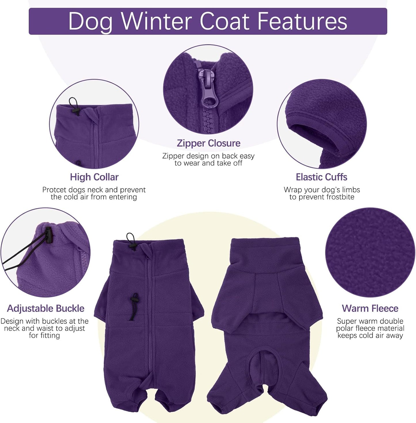 ROZKITCH Dog Winter Coat Soft Fleece Pullover Pajamas, Pet Windproof Warm Cold Weather Jacket Vest Cozy Jumpsuit Apparel Outfit Clothes for Small Medium Large Dog Walking Sleep Purple 3XL