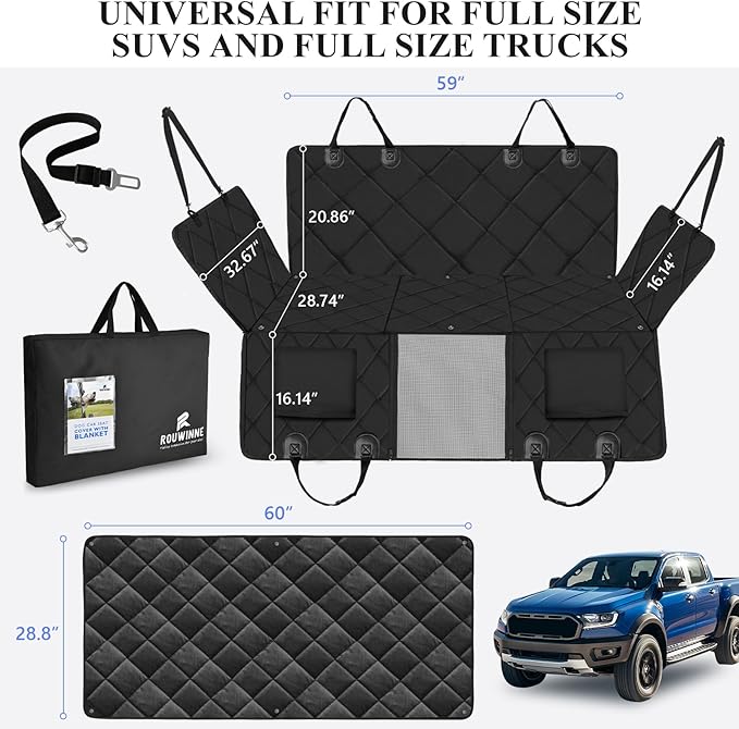 Back Seat Extender for Dogs Truck-with Soft Blanket, Dog Pet Seat Cover Back Seat Hard Bottom Holds 400lbs, Backseat Dog Hammock for Crew Cab Trucks F150, RAM1500, Sierra, Tundra, Silverado