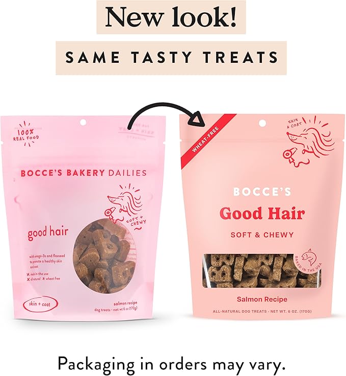 Bocce's Bakery Dailies Good Hair Dog Treats for Skin & Coat Support, Wheat-Free Dog Treats, Made with Real Ingredients, Baked in The USA, All-Natural Soft & Chewy, Salmon Recipe, 6 oz