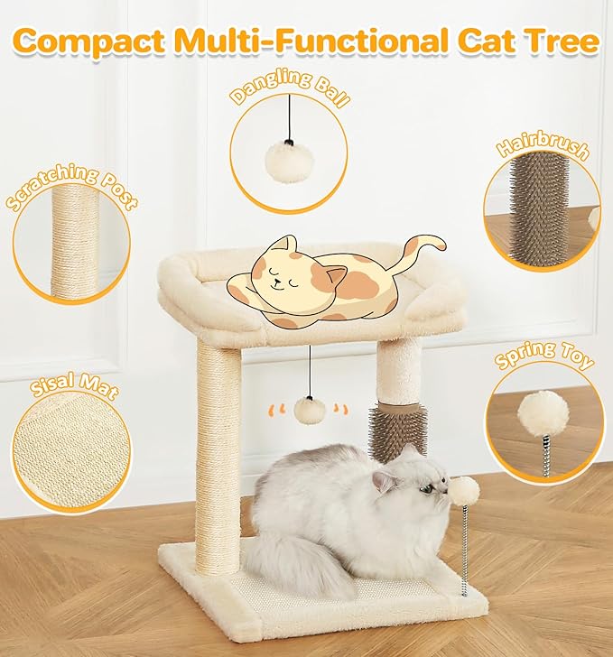 Made4Pets Small Cat Tree Tower, Cat Scratching Post 4-in-1 with Cat Self Groomer Brush, 20" Tall Natural Sisal Cat Scratcher, Soft Plush Cat Perch Bed with Dangling Ball for Indoor Kittens, Beige