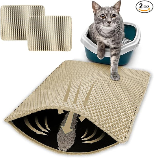 HCY&WLD 2-Pack Cat Litter Mat, Double Layer Honeycomb Waterproof Urine Proof Non-slip Litter Trapping Mat, Less Waste, Easy to Clean Cat Litter Box Mat, Kitten Indoor Supplies (Khaki, 20x16 Inches)