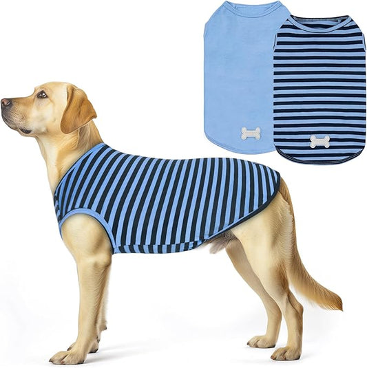 KYEESE 2Pack Dog Shirts Striped T Shirt for Medium Dogs Boy Lightweight Sleeveless Vest Cotton Tank Top Clothes, XX-Large,Dark Blue+Striped